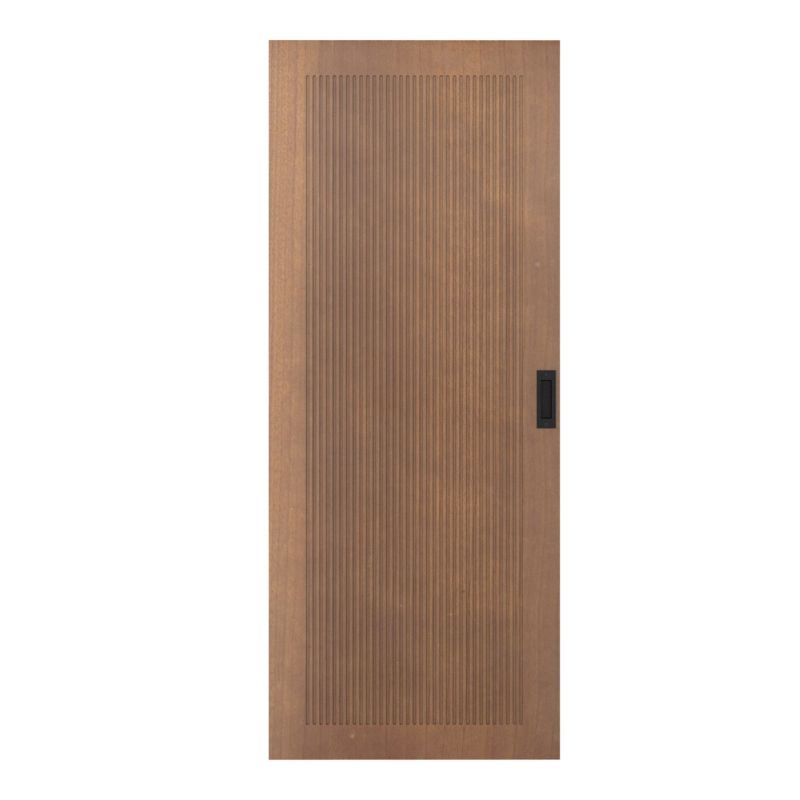 The Premium Barn Door features cherry wood veneer with vertical grooves and a black handle, adding elegance to interiors.