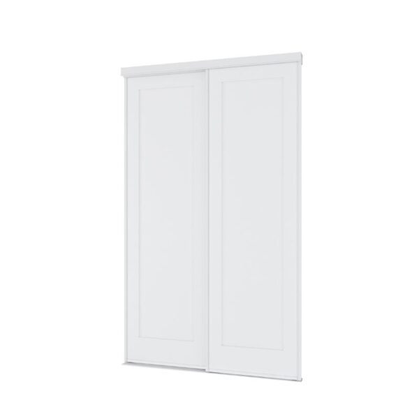 Closed white sliding closet door with a vertical panel. Made of steel and MDF for durability, it complements any interior design.