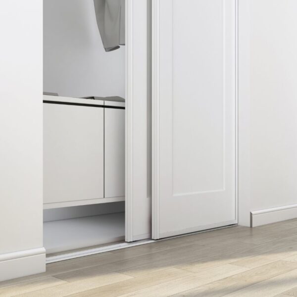 A Customizable One Panel Closet Door, made of steel and MDF, reveals a white MDF cabinet and sleek light wood flooring.