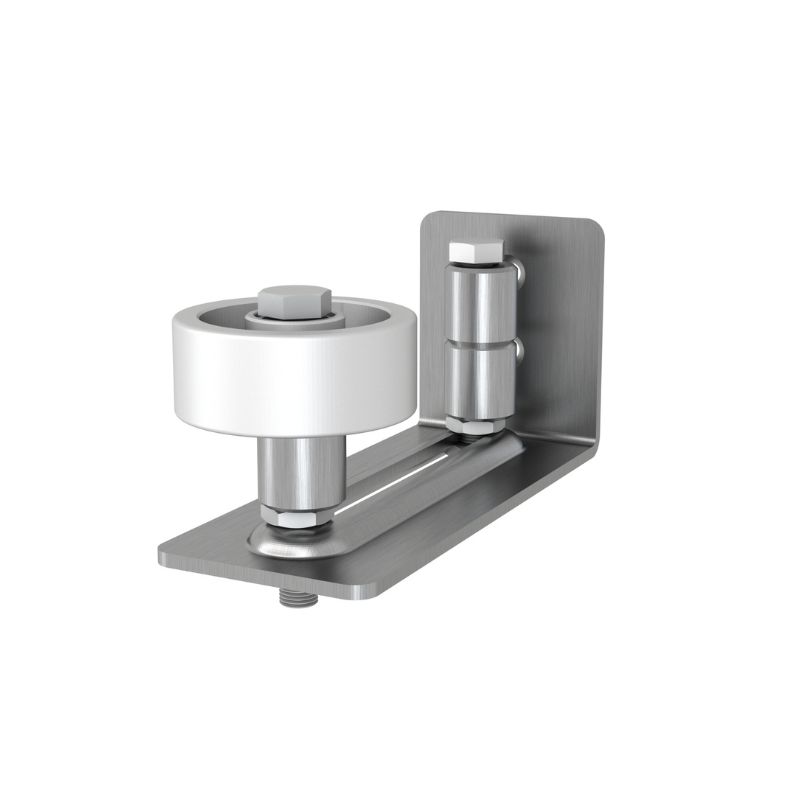 Stainless steel barn door guide with cylindrical roller and bolt, designed for smooth interior use.