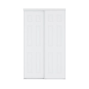 The Six-Panel Steel/MDF Sliding Closet Door, with adjustable installation, optimizes space and has a modern look with raised panels.