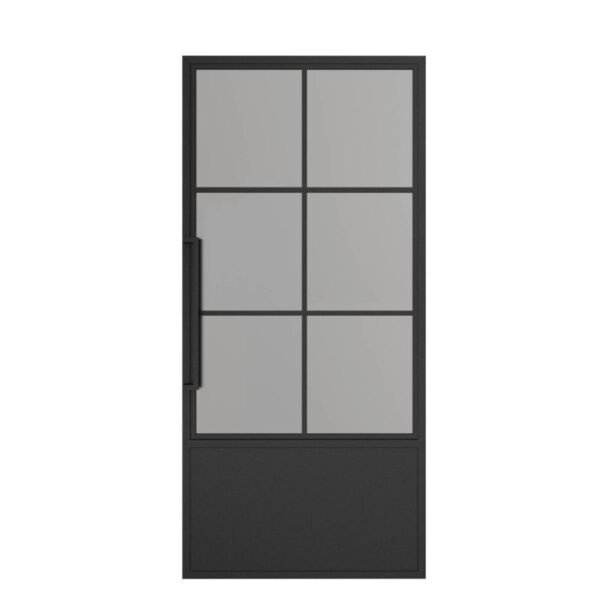 Deze Matte Black Steel Glass Swing Door heeft zes glaspanelen, een massief paneel en een verticale handgreep aan de linkerkant. Verkrijgbaar in verschillende maten.