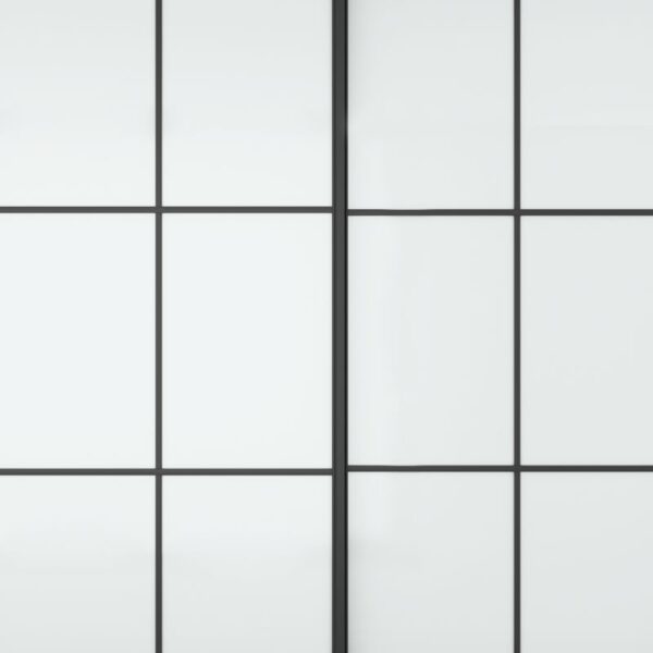 Die platzsparende 48-Zoll-Schranktür im Bogendesign verfügt über eine elegante Konstruktion aus Stahl und Glas mit einem minimalistischen Raster aus schwarzen Linien auf weißem Grund.