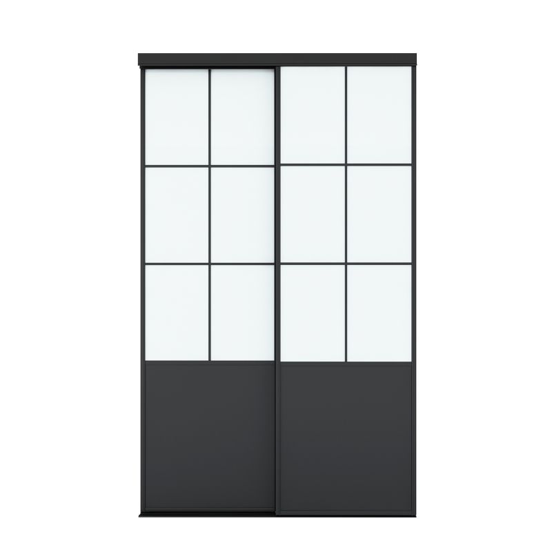 Ruimtebesparende, gebogen kastdeur van 122 cm met zwart stalen frame, roosterpanelen en glas; duurzaam, modern en perfect voor elke kamer.