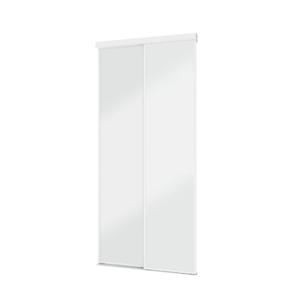 Maak kennis met de Efficient 48-Inch Steel Frame Mirror Closet Door met twee witte panelen en een strakke spiegel. Modern, duurzaam en eenvoudig te installeren.