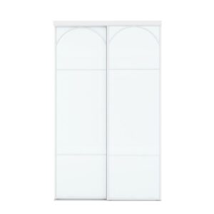 Die platzsparende, gewölbte 48-Zoll-Schranktür verfügt über ein minimalistisches Design aus Stahl und Glas und bietet Stil und Effizienz.