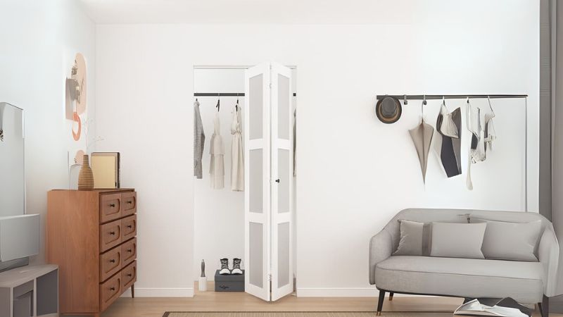 A minimalist room with a white folding closet door, gray sofa, wooden dresser, and wall-mounted rack with hats and clothes.