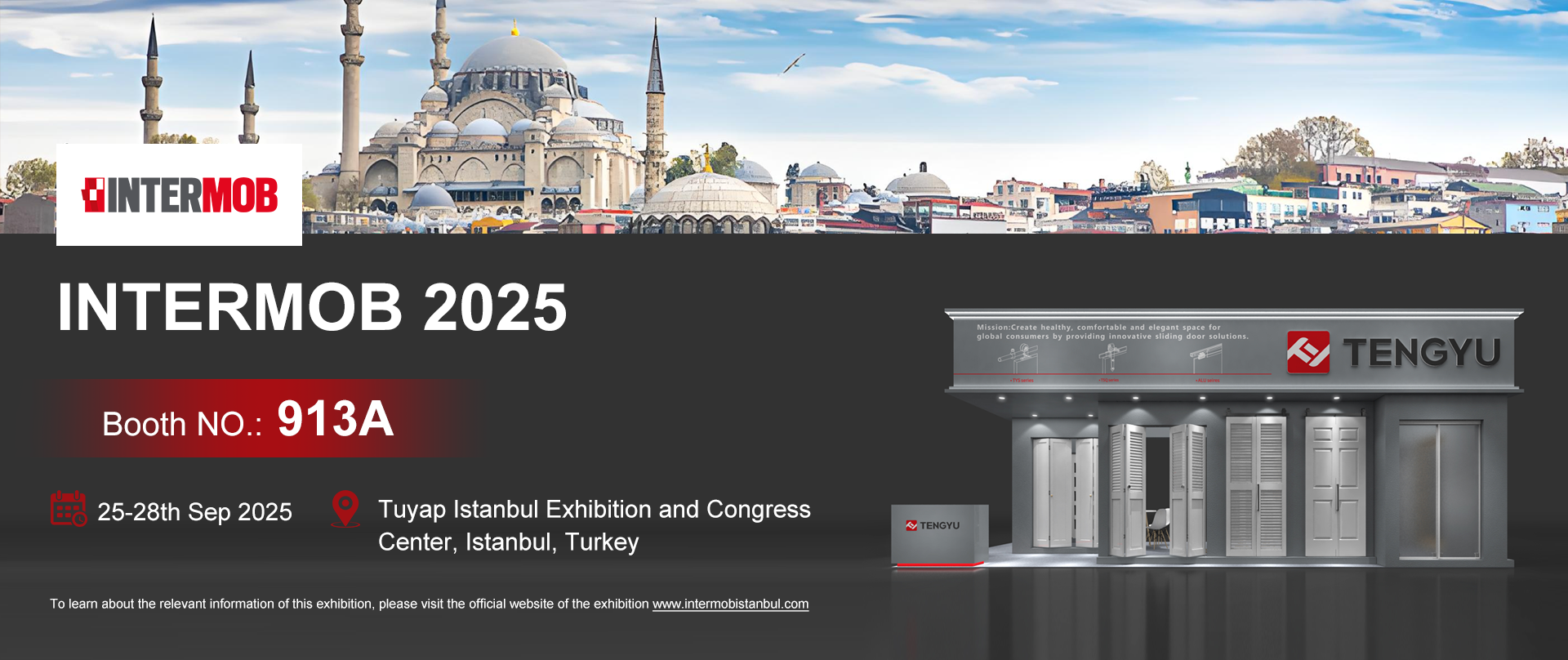 Banner da INTERMOB 2025: TENGYU no estande 913A, detalhes do evento com pontos turísticos de Istambul ao fundo.