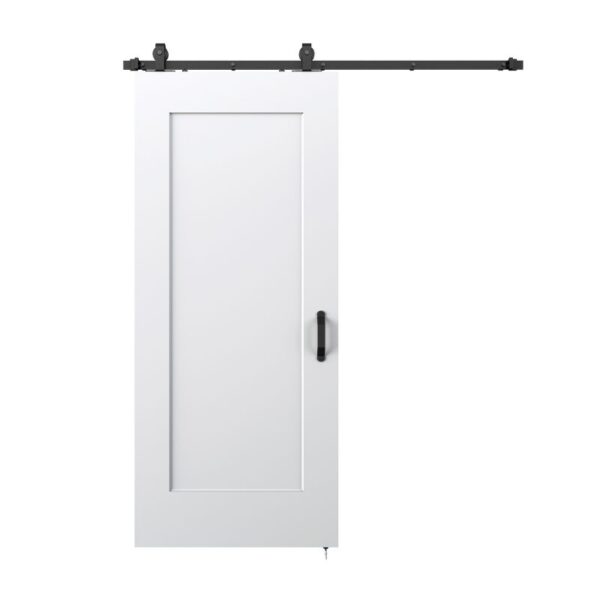 Płyta 1-Panel Barn Door Slab jest wyposażona w czarne okucia, zagłębiony panel i nowoczesny wygląd.