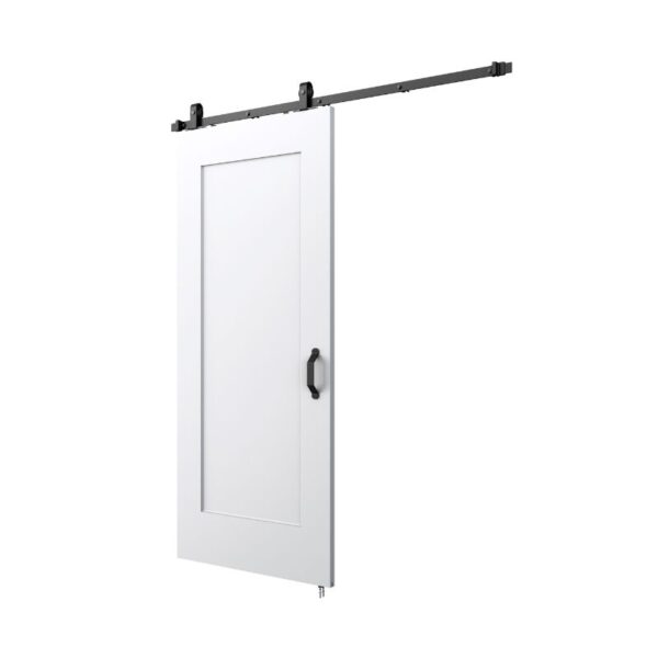 Płyta 1-Panel Barn Door Slab zawiera osprzęt, czarny uchwyt i mocowania na czarnej metalowej szynie, co ułatwia montaż.