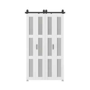 Ușă de hambar pliantă, 48" x 84", cu sticlă mată, feronerie neagră; impermeabilă, rezistentă la zgârieturi, prezentată închisă.