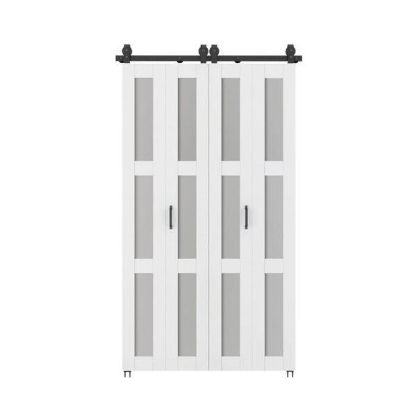 Ușă de hambar pliantă, 48" x 84", cu sticlă mată, feronerie neagră; impermeabilă, rezistentă la zgârieturi, prezentată închisă.