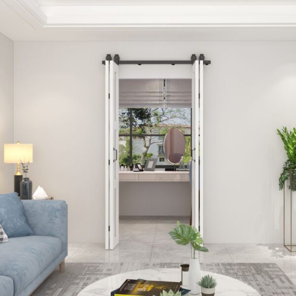 Living modern cu canapea albastră, privit printr-o ușă de hambar din sticlă mată de 122x213 cm într-un birou luminos de acasă.