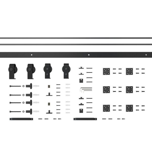 Ușă glisantă pliantă de hambar de 48"x84" cu sticlă mată și kit complet de hardware negru, afișat pe fundal alb.