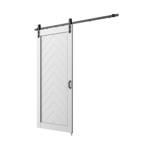 Eleganckie drzwi do stodoły w jodełkę o wymiarach 37"x84" z eleganckim czarnym osprzętem przesuwnym nadają im przyciągający wzrok, nowoczesny wygląd.