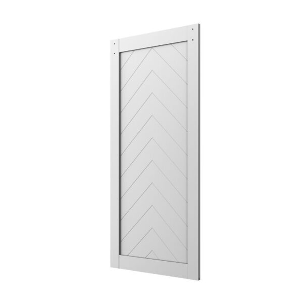 Białe drzwi do stodoły w jodełkę o wymiarach 37"x84" charakteryzują się wzorem w jodełkę, prostokątną ramą i nowoczesnymi przesuwnymi okuciami.