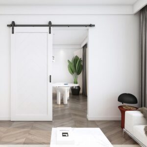 Nowoczesna przestrzeń z eleganckimi przesuwnymi drzwiami stodołowymi w jodełkę (37"x84"), rośliną doniczkową i minimalistycznymi meblami na jasnych drewnianych podłogach.