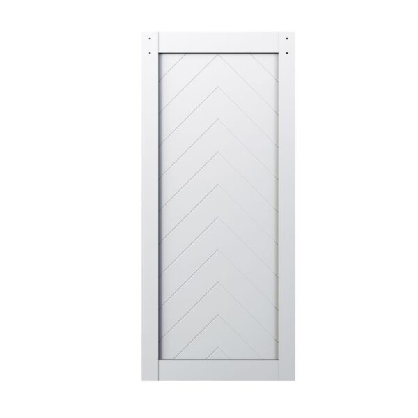 Drzwi do stodoły w jodełkę o wymiarach 37" x 84" charakteryzują się prostokątną ramą i panelem w jodełkę — idealne do nowoczesnych wnętrz.