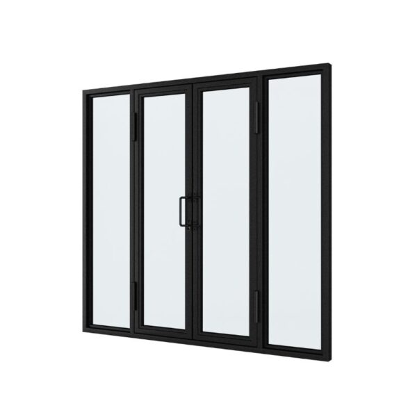 Okno mieszkalne ze stalową ramą, z przezroczystym hartowanym szkłem, otwierane na zawiasach, pokazane jako częściowo otwarte na białym tle.
