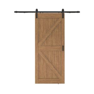 Ușă de hambar din stejar preasamblată, cu feronerie glisantă neagră și model în Z pentru o funcționare lină și elegantă.