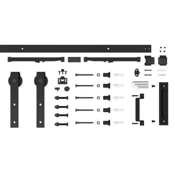Ușa de hambar din stejar preasamblată include un kit de accesorii glisante negre pentru o instalare rapidă și ușoară.
