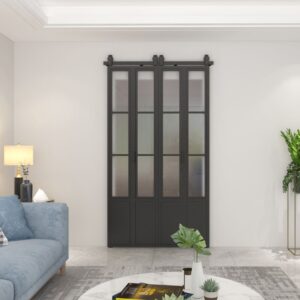 Kit ușă de hambar pliantă de 48x84 inch cu finisaj negru, 3 opaline din sticlă mată și accesorii - ideal pentru spații de locuit moderne.