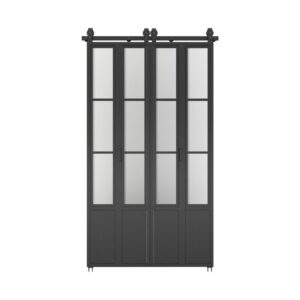 Kit pentru ușă de hambar pliantă, 48x84 in, cu finisaj negru, sticlă mată cu 3 grade, accesorii și mânere incluse.