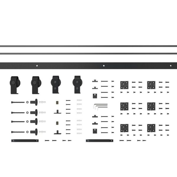 Kitul pentru ușă glisantă bifold neagră de 48x84 inch cu sticlă mată cu 3 grade și toate accesoriile este prezentat pe un fundal alb.