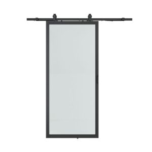 Ușă de hambar din sticlă securizată cu 1 cadru din oțel negru și kit de accesorii glisante deasupra capului.