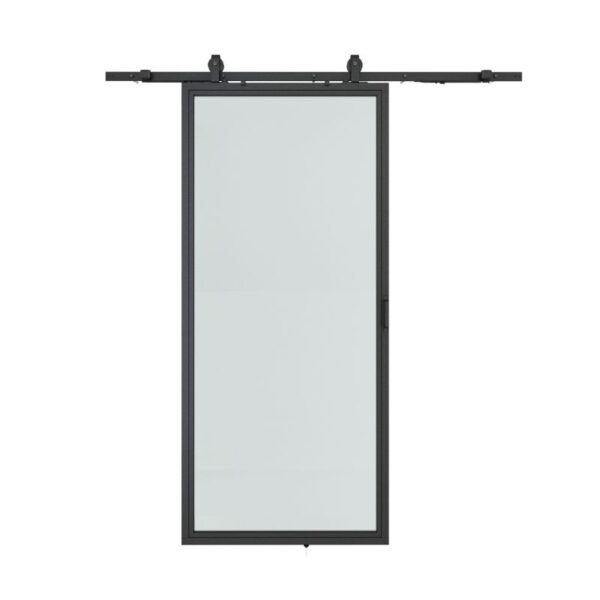 Ușă de hambar din sticlă securizată cu 1 cadru din oțel negru și kit de accesorii glisante deasupra capului.