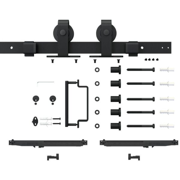 Kitul pentru ușă de hambar din sticlă securizată 1-Lite include cadru negru, șină, mâner și accesorii - ideal pentru interioare moderne.