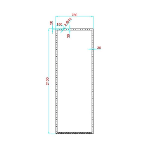 Desen tehnic al unui dreptunghi, etichetat cu 2100 mm înălțime, 750 mm lățime, cu dimensiunile interne în milimetri.