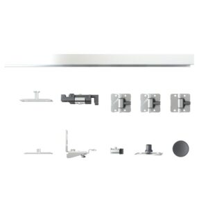 Ușa pliantă de 91x203 cm cu sticlă mată cu 3 straturi și accesorii este prezentată de sus și lateral pe alb.