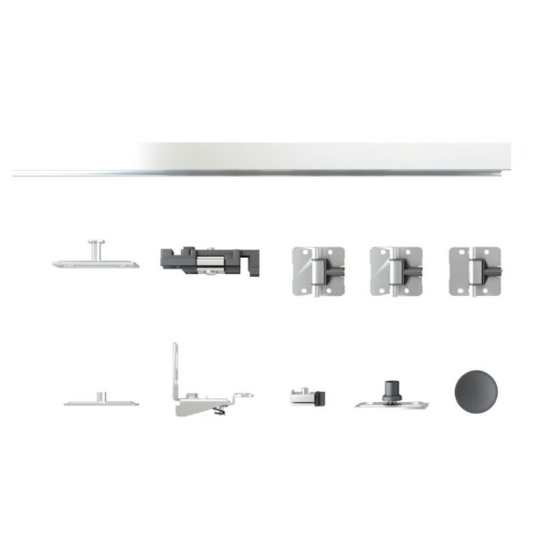 Ușa pliantă de 91x203 cm cu sticlă mată cu 3 straturi și accesorii este prezentată de sus și lateral pe alb.