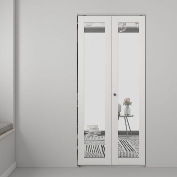 O ușă pliantă din MDF cu oglindă se deschide către o cameră modernă, cu un scaun, o măsuță, flori și un covor geometric.