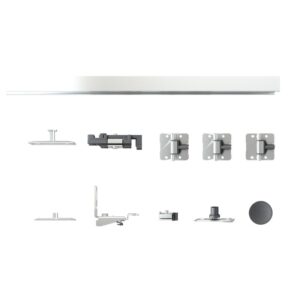 Kit complet pentru ușă pliantă rezidențială cu oglindă: miez din MDF, feronerie metalică și suporturi pentru instalare ușoară.