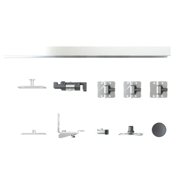 Kit complet pentru ușă pliantă rezidențială cu oglindă: miez din MDF, feronerie metalică și suporturi pentru instalare ușoară.