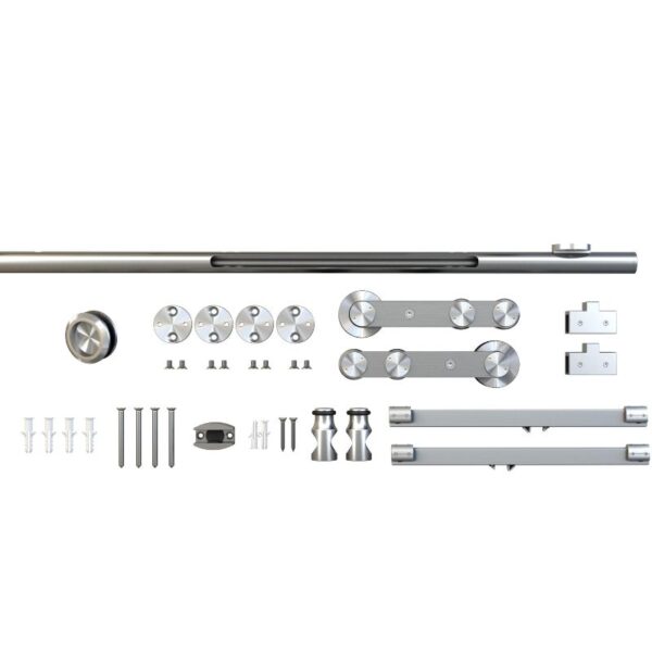 Kit ușă glisantă din sticlă satinată, cu șine, role, console, șuruburi și accesorii pe fundal alb.
