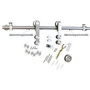 Sistem de uși glisante din sticlă cu feronerie din inox satinat și toate accesoriile afișate pe fundal alb.
