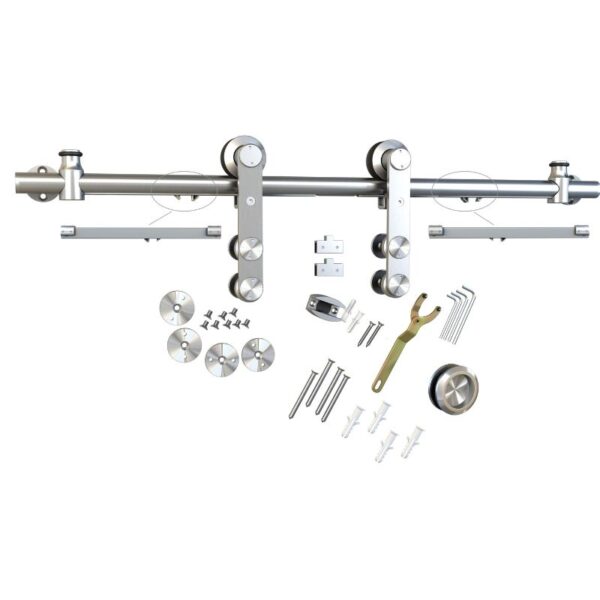 Sistem de uși glisante din sticlă cu feronerie din inox satinat și toate accesoriile afișate pe fundal alb.