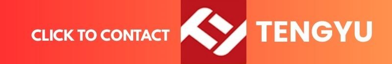 Texto y logotipo "HAGA CLIC PARA CONTACTAR A TENGYU" en blanco sobre un fondo degradado de color rojo anaranjado, que promociona puertas de vidrio con marco de metal.