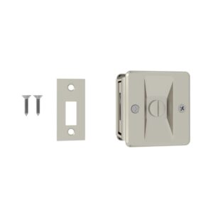 Serrure de porte de poche en nickel brossé avec plaque frontale, deux vis et conception OEM sur fond blanc.