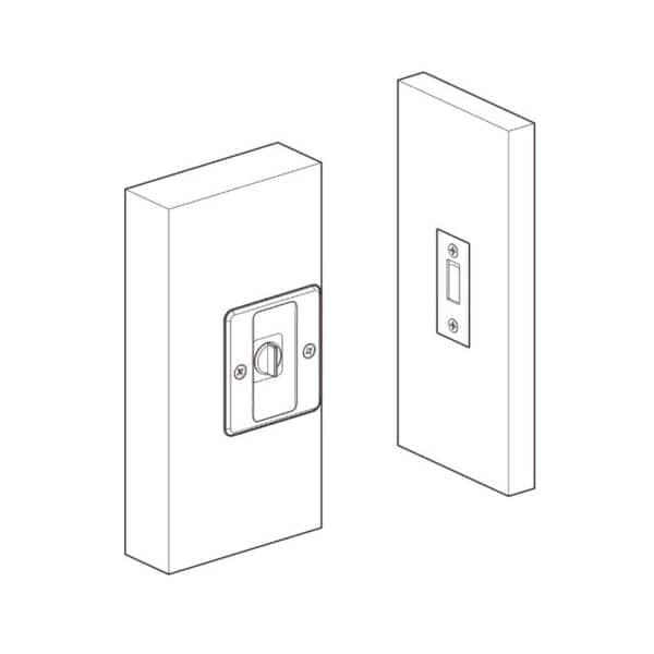 Dessin au trait d'une serrure de porte de poche en nickel brossé, vues de face/côté, avec vis, bouton tournant et plaques murales incluses.