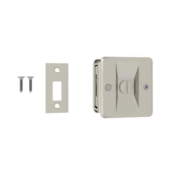 Serrure de porte de poche en nickel brossé avec plaque frontale, deux vis et conception OEM sur fond blanc.