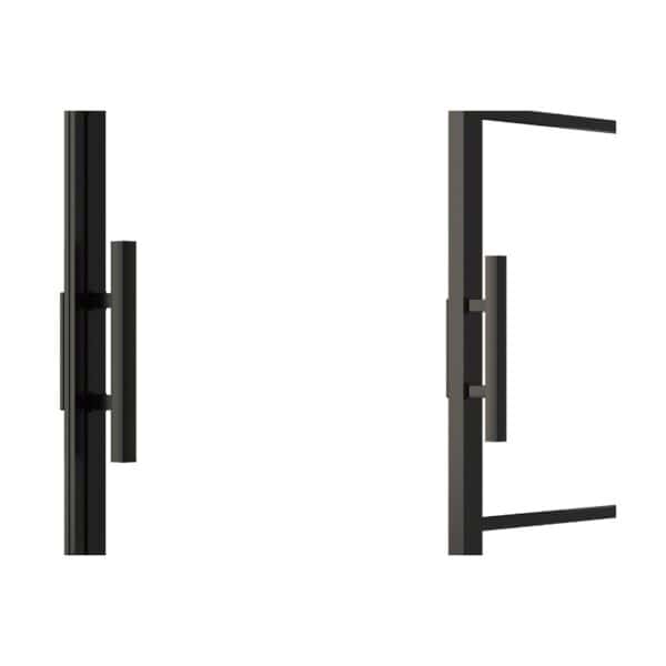 Deux poignées noires sur une porte de grange en verre à double cadre en acier avec quincaillerie en aluminium, présentées de côté et de face sur fond blanc.