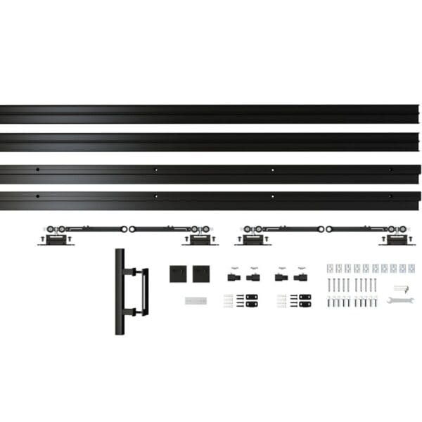 Porte de grange coulissante en verre à double cadre en acier avec kit de quincaillerie comprenant rails, roulettes et poignées. Commandes sur mesure ou en gros disponibles.