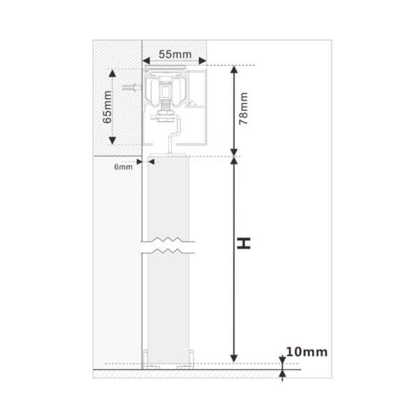 Dessin en coupe verticale d'une porte de grange coulissante en verre à double cadre en acier avec pièces étiquetées et dimensions clés.