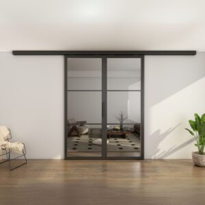 Doppelte Glasschiebetür mit Stahlrahmen und Aluminium-Bausatz in einem modernen Raum mit Holzböden und einem minimalistischen Loungebereich.