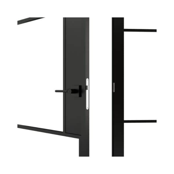 Black steel & glass interior door with modern handle, shown front/side; minimalist, ideal for contemporary spaces.