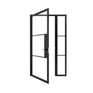 Partially open steel and glass interior door with black frame, rectangular panels, and right-side handle.